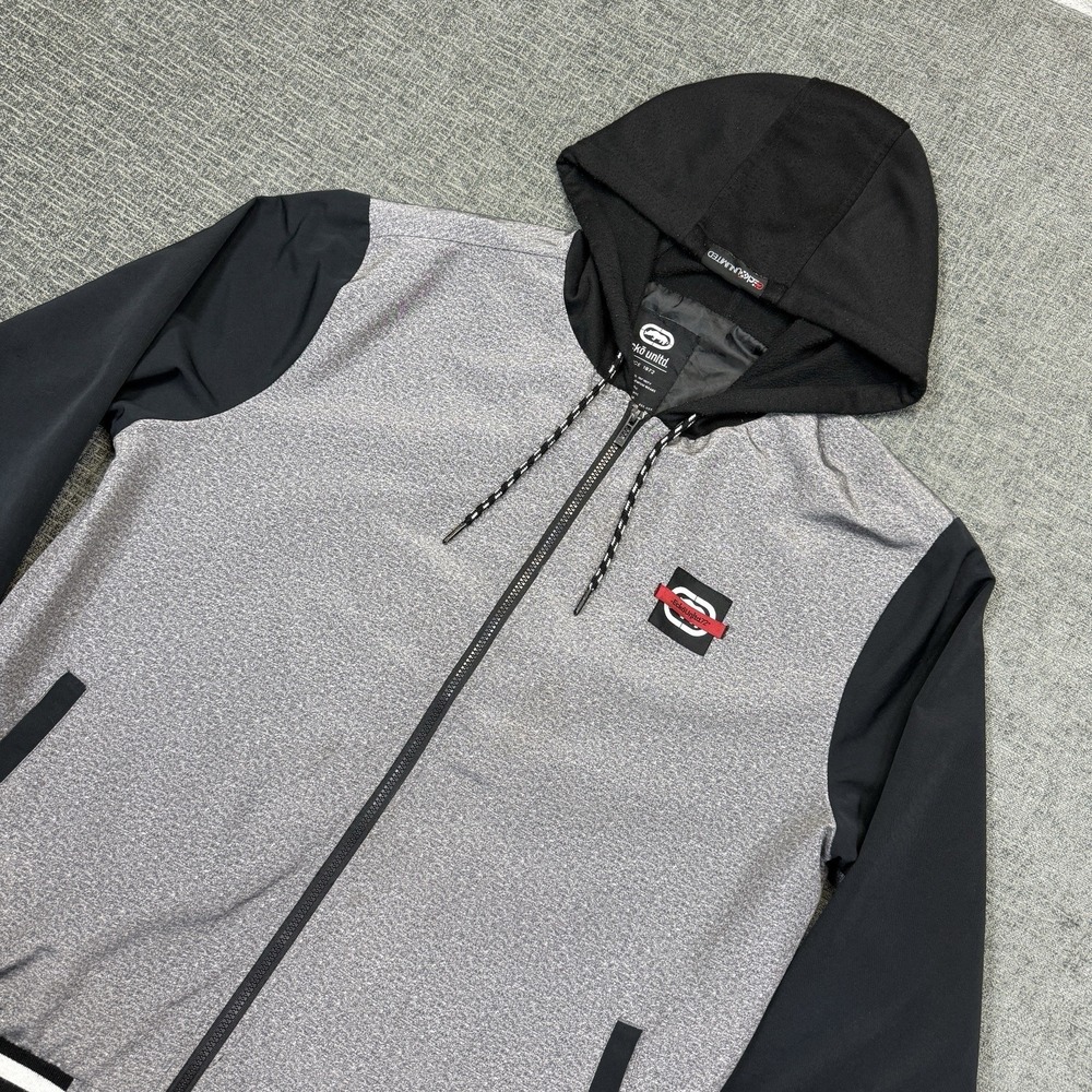 Y2K Ecko Unltd Hoodie Mens XL Gray Black Striped Full‎ Zip Sweatshirt HIp Hop